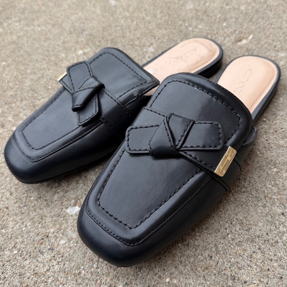 Alfani Womens Black Faux Leather Square Toe Bow Mule Loafers Size 5.5M EU 36